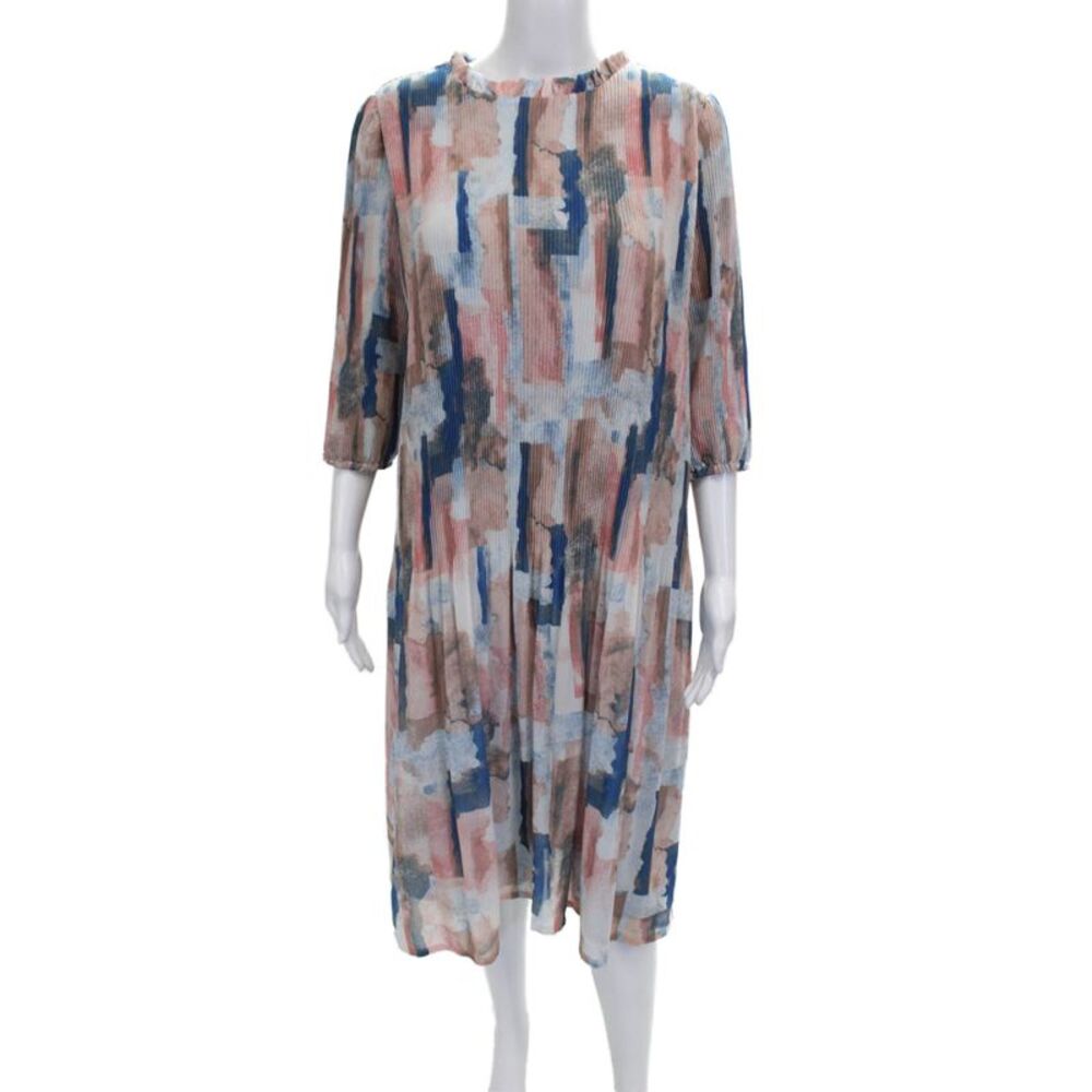 Japparel Womens Shift Dress Multicolor Geometric Neck Zip 3/4 Sleeve Size S
